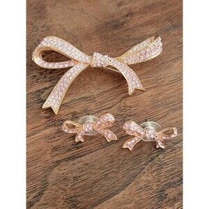 Vtg Rare Kenneth J Lane Brooch Ribbon Pink Rose Gold Pin 2.5" And Earrings KJL
